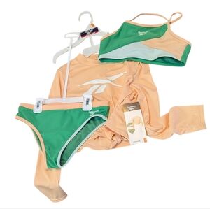 Reebok, Green And Peach Color Block Three-piece Swim Set. Size 10